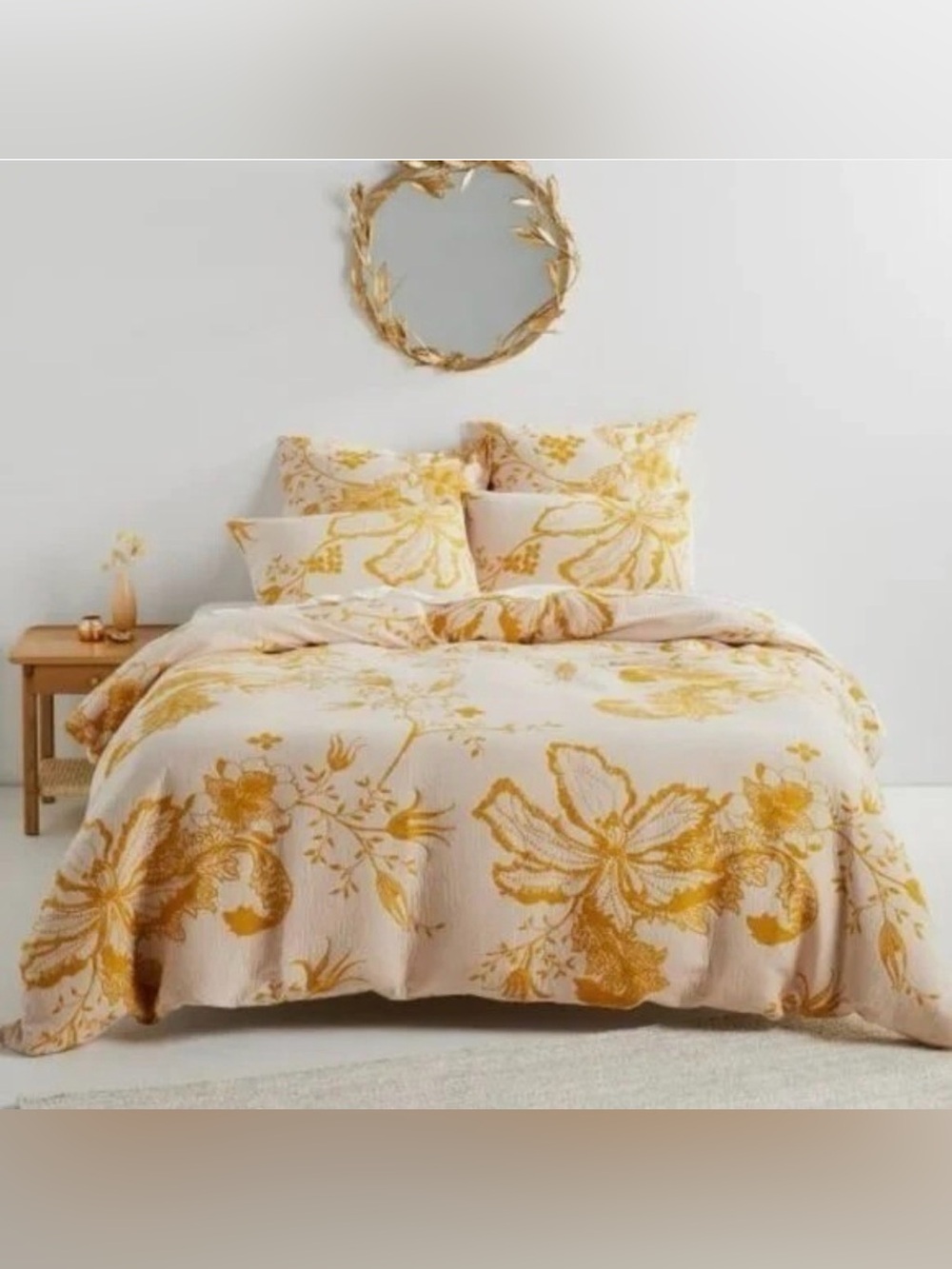 Anthropologie Jacquard Woven Porte Bonheur Queen Duvet Cover Gold Yellow Blooms